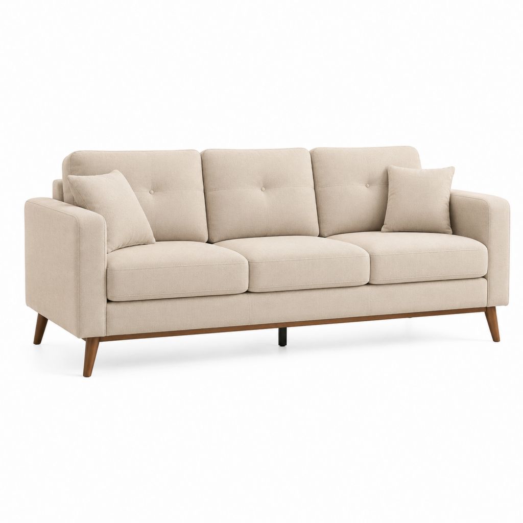 Canapé droit 3 places beige en polyester avec pieds en bois massif 210 x 88 x 85 cm