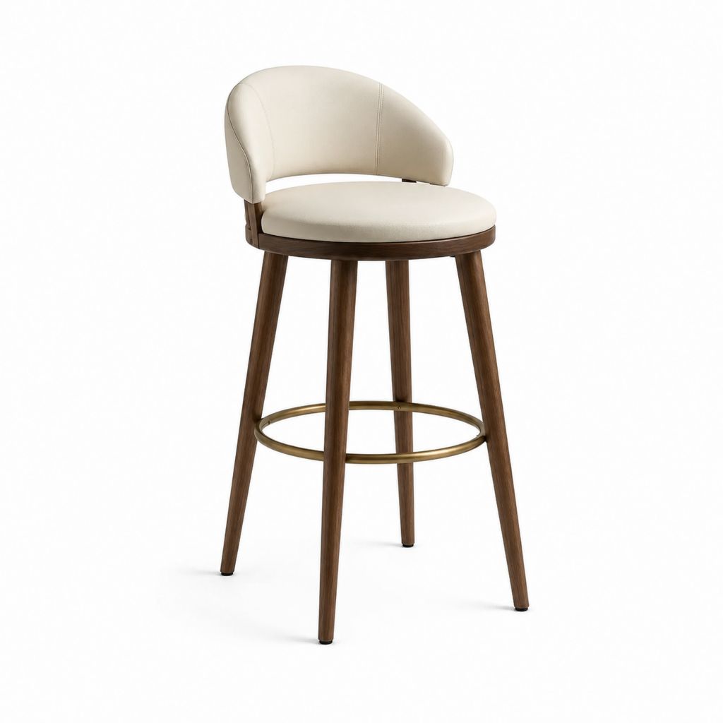 Tabouret de bar avec dossier crème en PU et piètement aspect noyer 52 x 52 x 100 cm