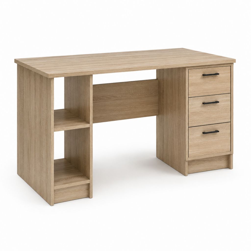 Bureau droit chêne clair en panneaux de particules 120 x 60 x 75 cm avec 3 tiroirs et 2 étagères