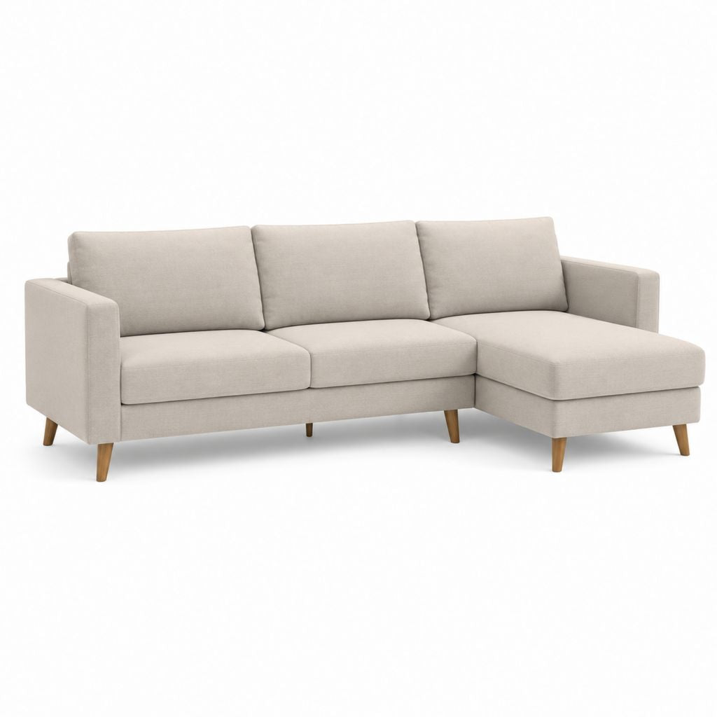 Canapé d'angle droit 3 places beige en polyester avec méridienne 220 x 150 x 85 cm
