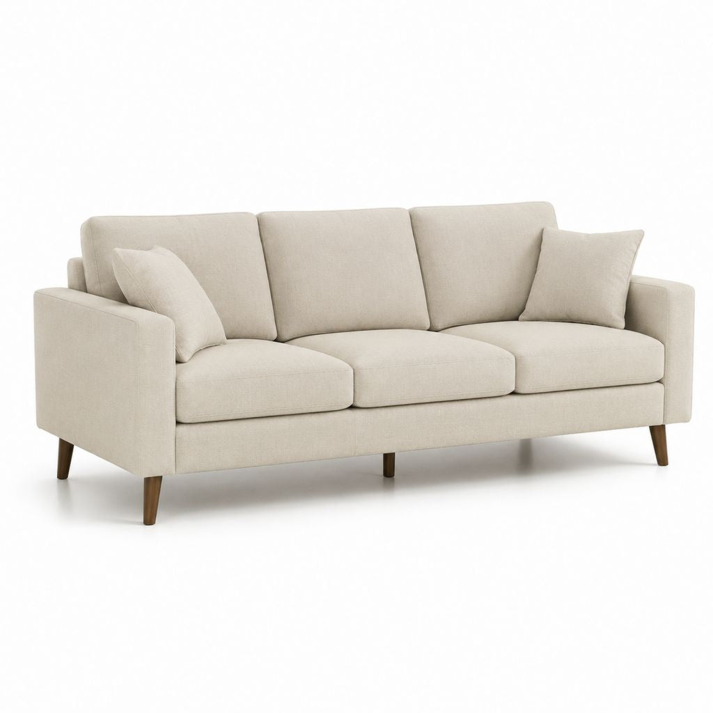 Canapé droit 3 places beige en polyester avec pieds en bois massif 210 x 90 x 85 cm