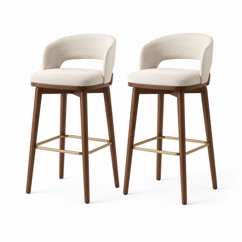 Lot de 2 tabourets de bar avec dossier beige en polyester pieds en bois d'hévéa 50 x 52 x 96 cm