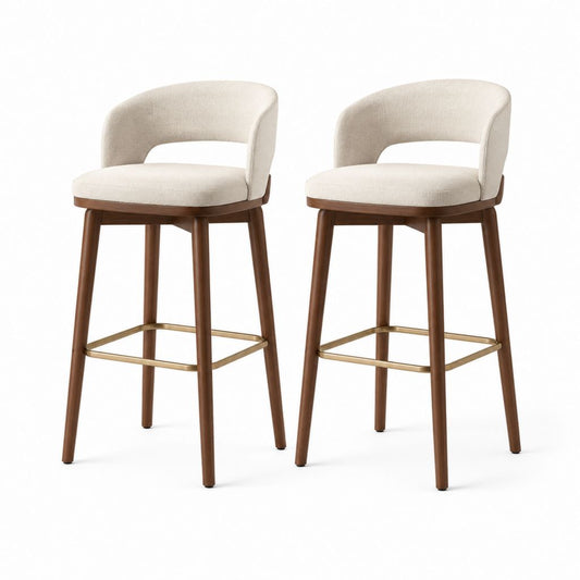 Lot de 2 tabourets de bar avec dossier beige en polyester pieds en bois d'hévéa 50 x 52 x 96 cm