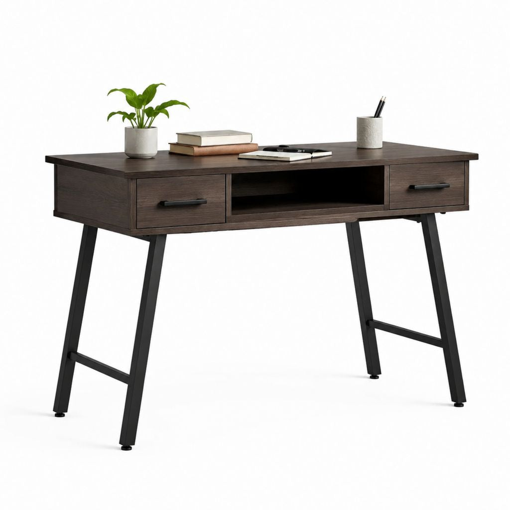 Bureau droit 120 x 60 x 75 cm brun foncé en panneaux de particules mélaminés avec piètement en acier noir 2 tiroirs et niche ouverte