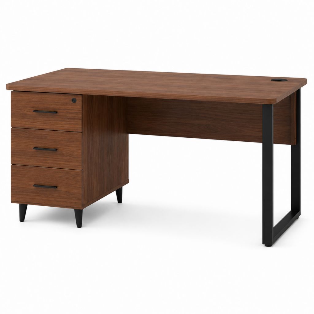 Bureau droit 3 tiroirs marron noyer et noir en panneaux MDF et acier rectangulaire 140 x 60 x 75 cm