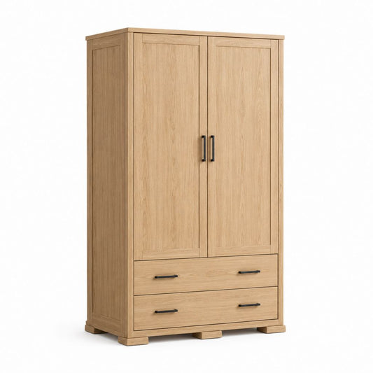 Armoire de chambre 2 portes 2 tiroirs chêne clair panneaux de particules rectangulaire 100 x 52 x 190 cm