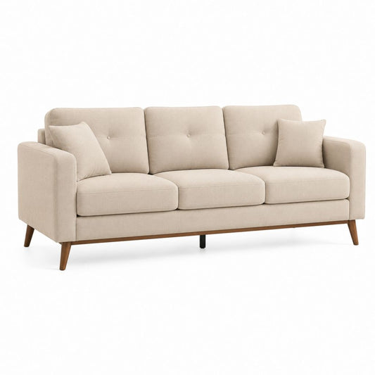 Canapé droit 3 places beige en polyester avec pieds en bois massif 210 x 88 x 85 cm
