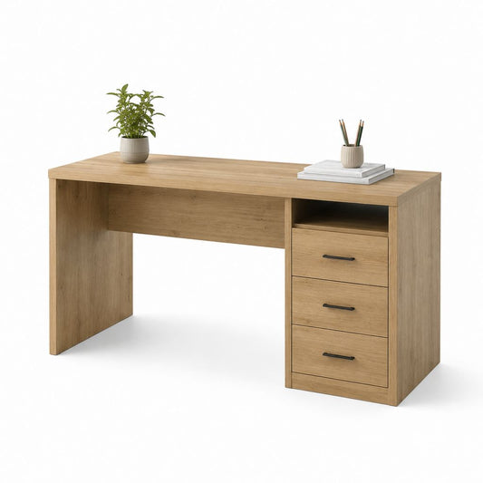 Bureau classique chêne clair en panneaux de particules avec 3 tiroirs 120 x 60 x 75 cm