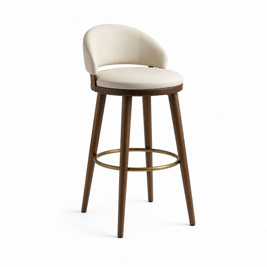 Tabouret de bar avec dossier crème en PU et piètement aspect noyer 52 x 52 x 100 cm