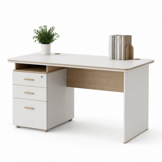 Bureau classique blanc et chêne clair en panneaux MDF 120 x 60 x 75 cm avec 3 tiroirs