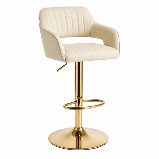 Tabouret de bar réglable crème en cuir synthétique PU avec base ronde dorée 60 x 56 x 92-113 cm