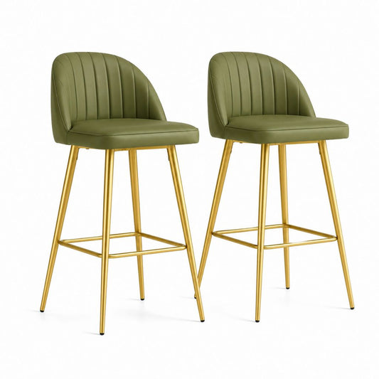 Lot de 2 tabourets de bar vert olive en cuir synthétique PU avec pieds en acier doré 48 x 52 x 96 cm