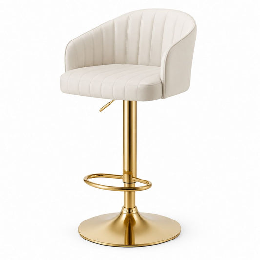 Tabouret de bar réglable blanc cassé en cuir PU avec base ronde dorée 54 x 52 x 88-109 cm