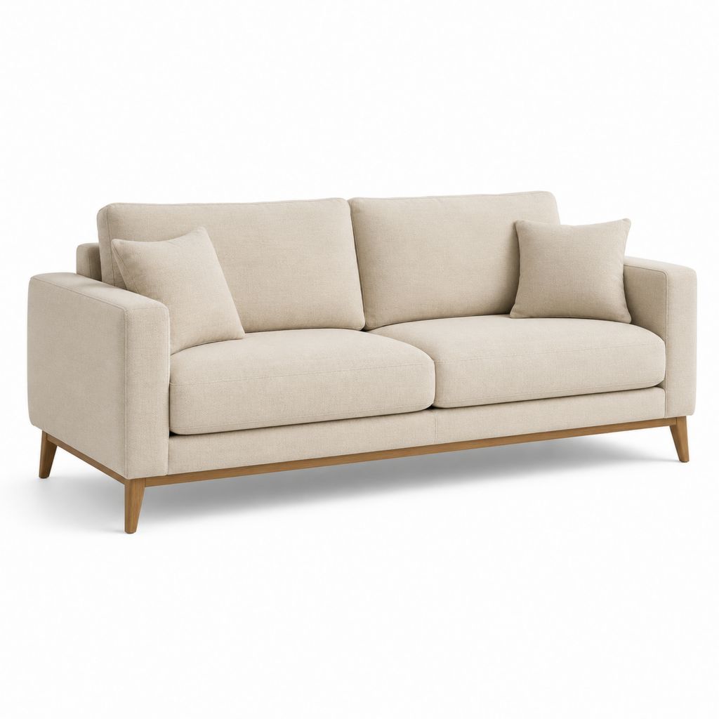 Canapé 3 places beige en polyester avec pieds en bois massif 210 x 90 x 85 cm