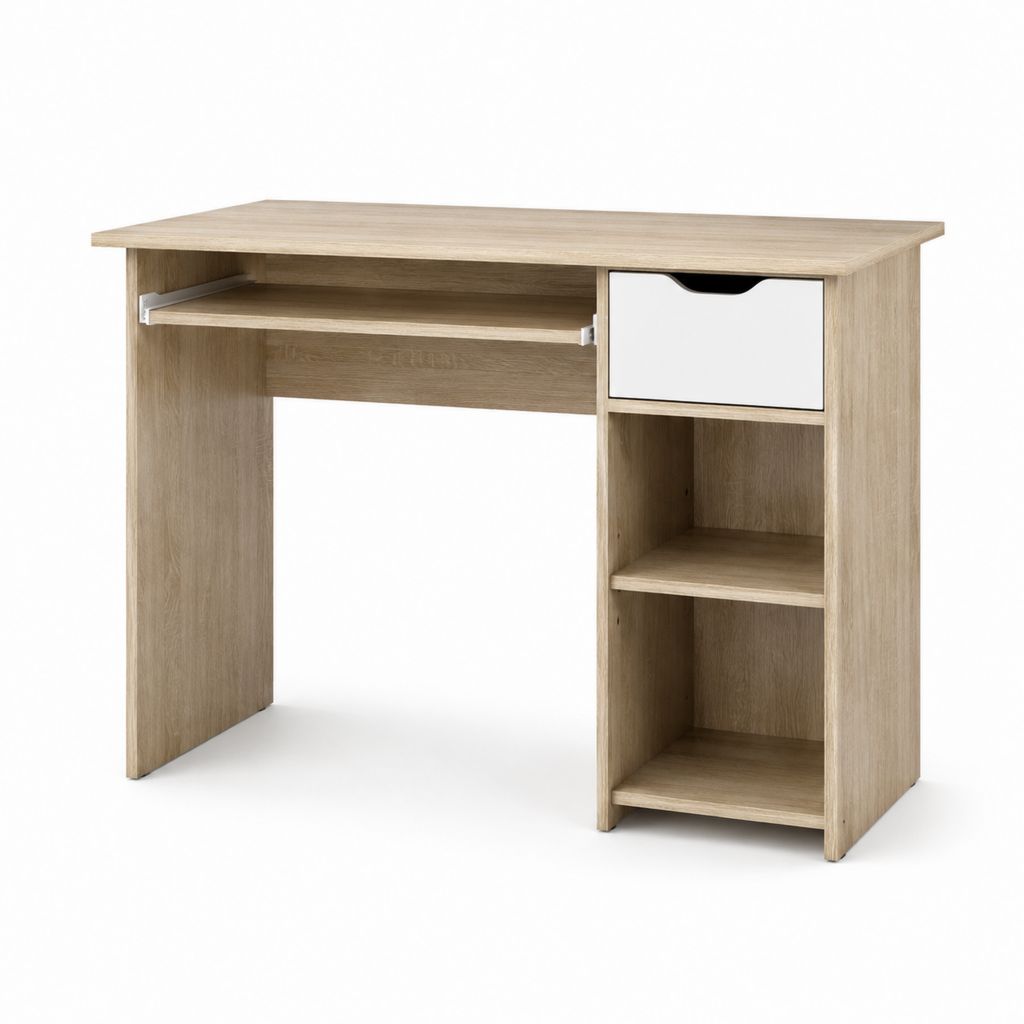 Bureau informatique avec rangement chêne clair et blanc en panneaux de particules 100 x 50 x 75 cm