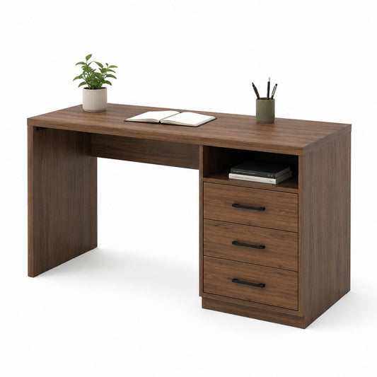 Bureau droit avec caisson 3 tiroirs marron noyer en panneaux de particules 120 x 60 x 75 cm